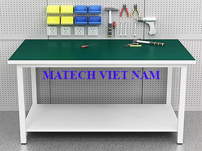 Bàn thao tác khung thép mặt gỗ 2 tầng đơn giản
